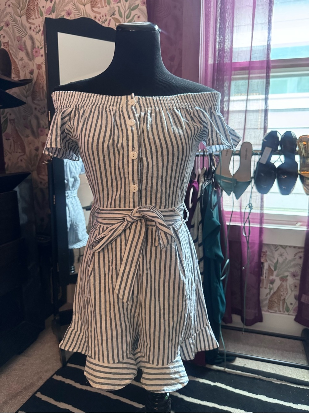 Striped Off-Shoulder Tie-Waist romper in Navy and White